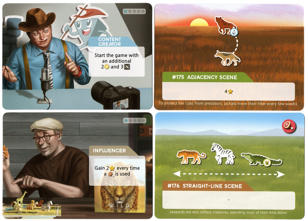 A set of four cards for use in the board game Wild Serengeti. Two of the card have illustrations of man sitting at tables: one with a microphone and one with a board game with animal pieces. The other two cards show cartoon animals on landscape background.