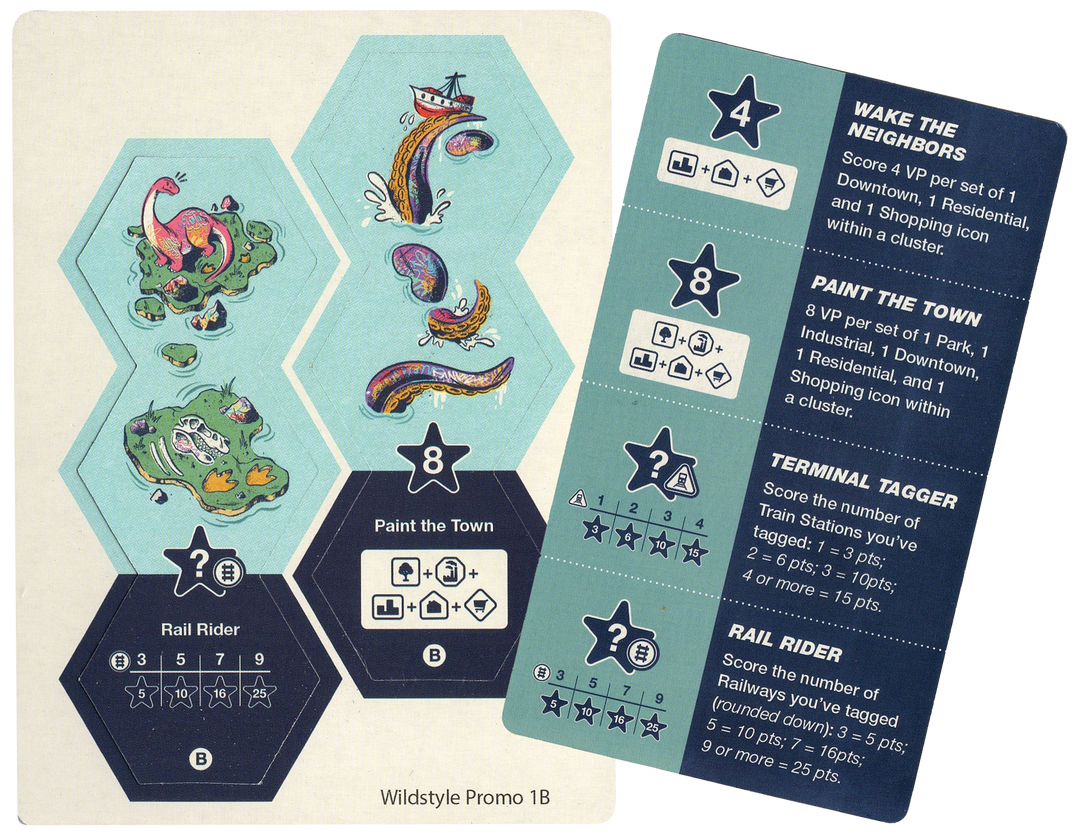 A photo of a card and cardboard punchboard for use with the board game Wildstyle. On the left, a set of hexagon cardboard tokens still attached within their cardboard frame. On the right, a card with symbols and text for use in the game.