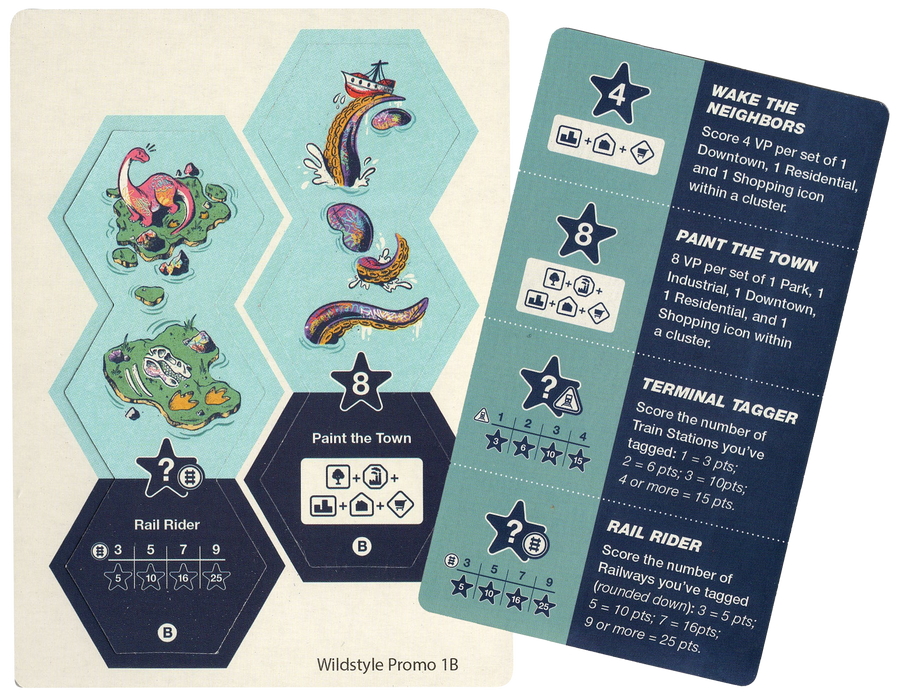 A photo of a card and cardboard punchboard for use with the board game Wildstyle. On the left, a set of hexagon cardboard tokens still attached within their cardboard frame. On the right, a card with symbols and text for use in the game.