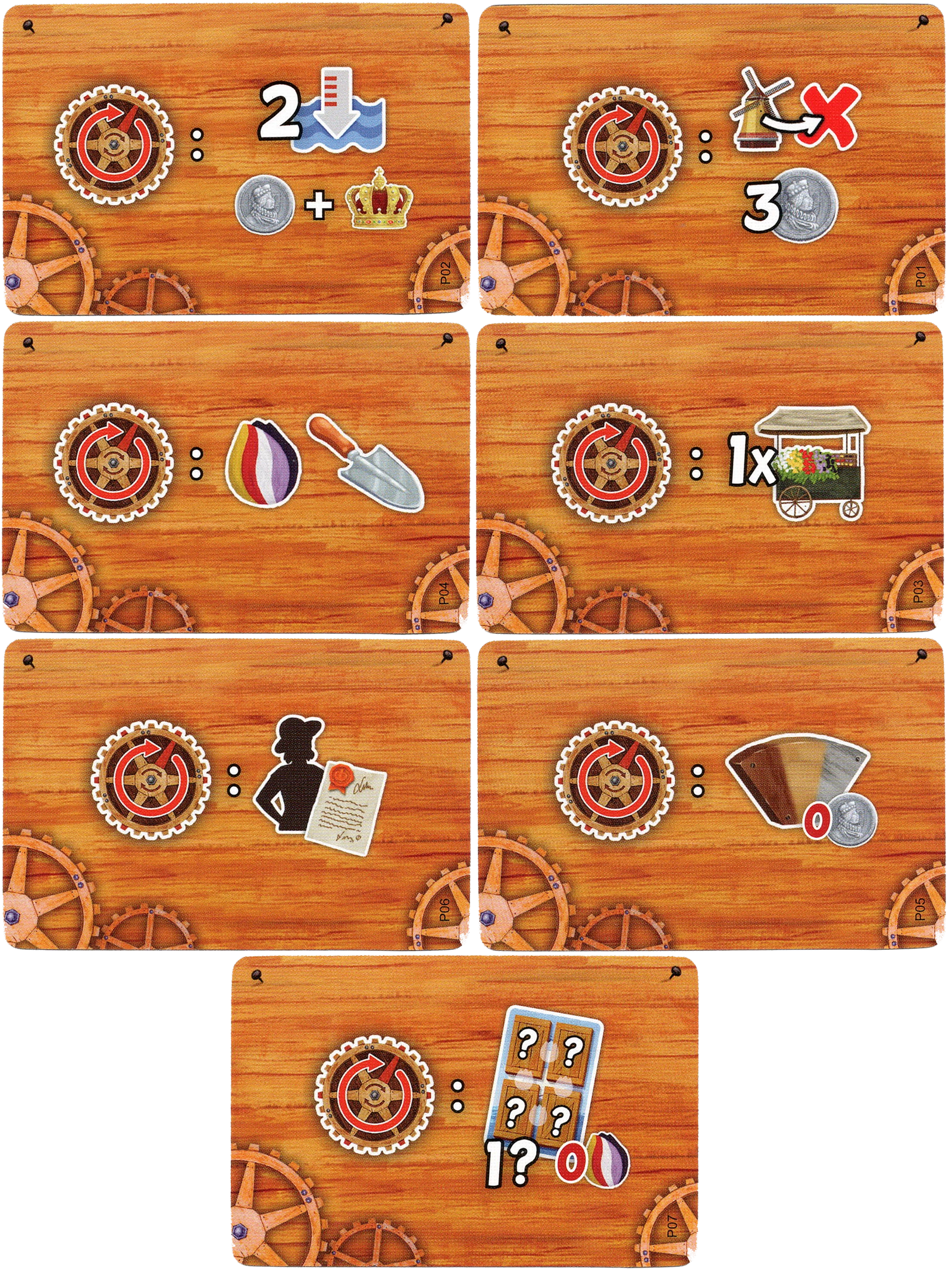 A photo of seven cards for use with the board game Windmills. Each of the seven cards has the same wooden background with assorted gears in the corners. In the center of each card is a unique combination of symbols that defines the card's ability in the game.