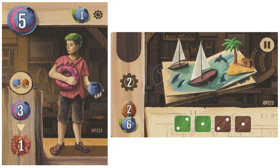 Two promo cards from the board game Woodcraft. One shows a person with green hair holding a fist-sized blueberry, and the other shows a 3D image of ships and an island popping out of a book. Both cards also contain symbols that describe the card's power in the game.