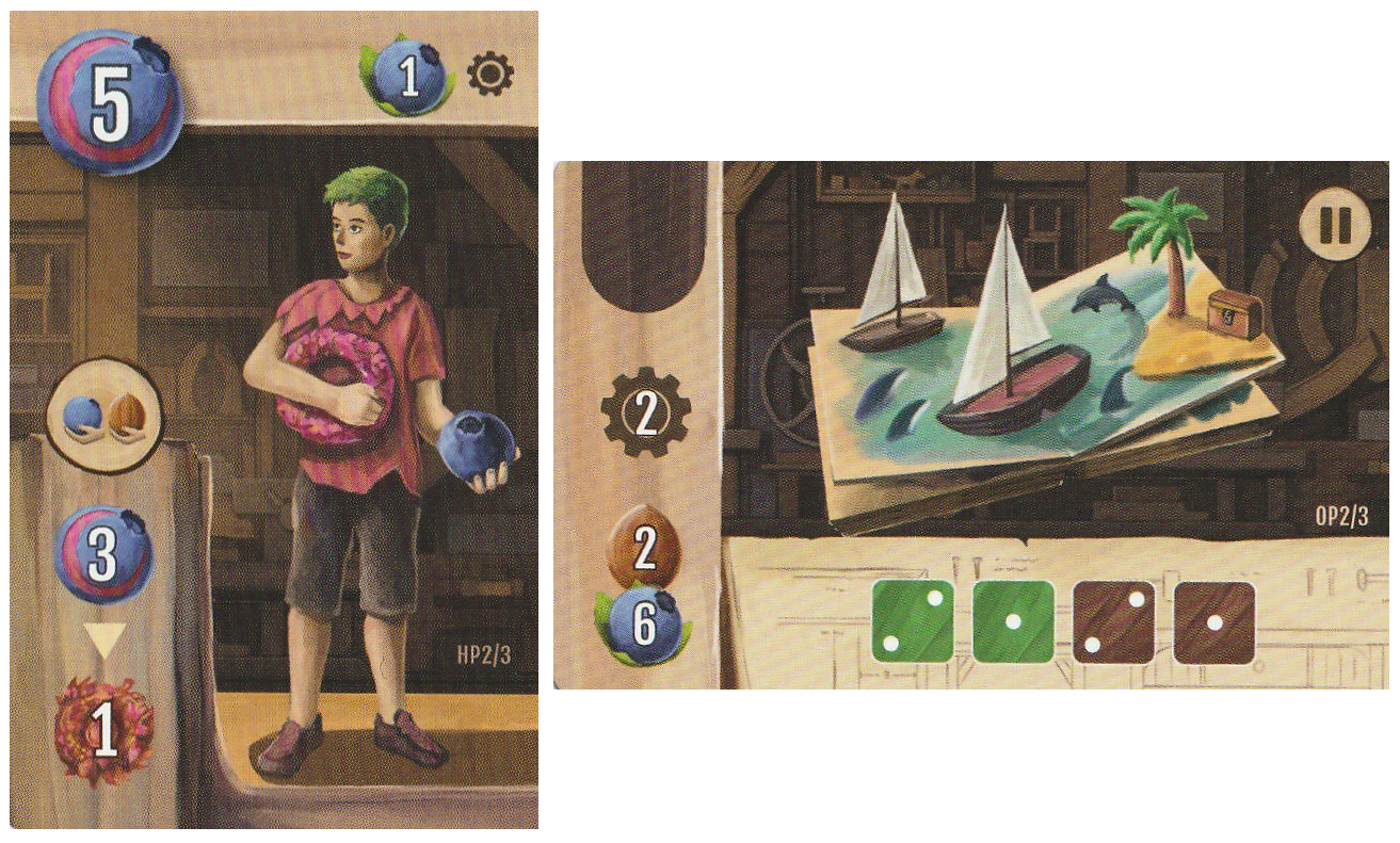 Two promo cards from the board game Woodcraft. One shows a person with green hair holding a fist-sized blueberry, and the other shows a 3D image of ships and an island popping out of a book. Both cards also contain symbols that describe the card's power in the game.
