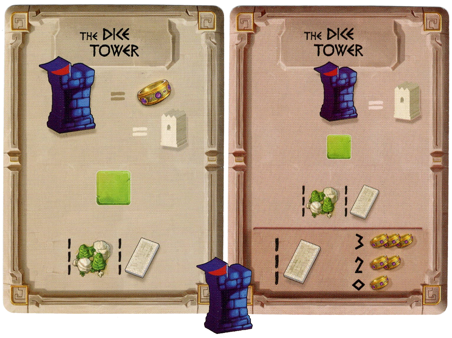 A promo of two cards and a wooden token for use with the board game World Wonders. Both cards are labeled "The Dice Tower" and have symbols printed a cartoon depiction of the wooden token. The wooden token shows a blue stone tower with a red flag flying at the top. 