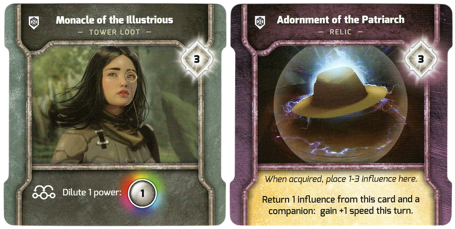 Two promo card for use with the board game Vindication.  The card have a title at the top, an illustration of a hat and a person wearing a monocle in the middle, and text and/or symbols describing the card's abilities in the game at the bottom.