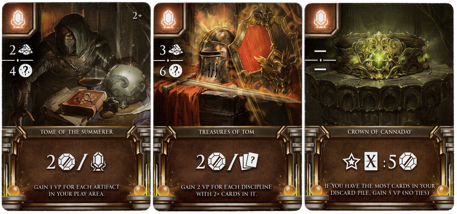 A set of three cards for use with the board game Arcana Rising. Each card displays symbols in the left upper corner, and a combination of symbols and text at the bottom. The first card's illustration shows armor and a sword on a red cloth, the second card shows a masked person gathering a book and other valuables, and the third card showing a crown with a glowing green gem.