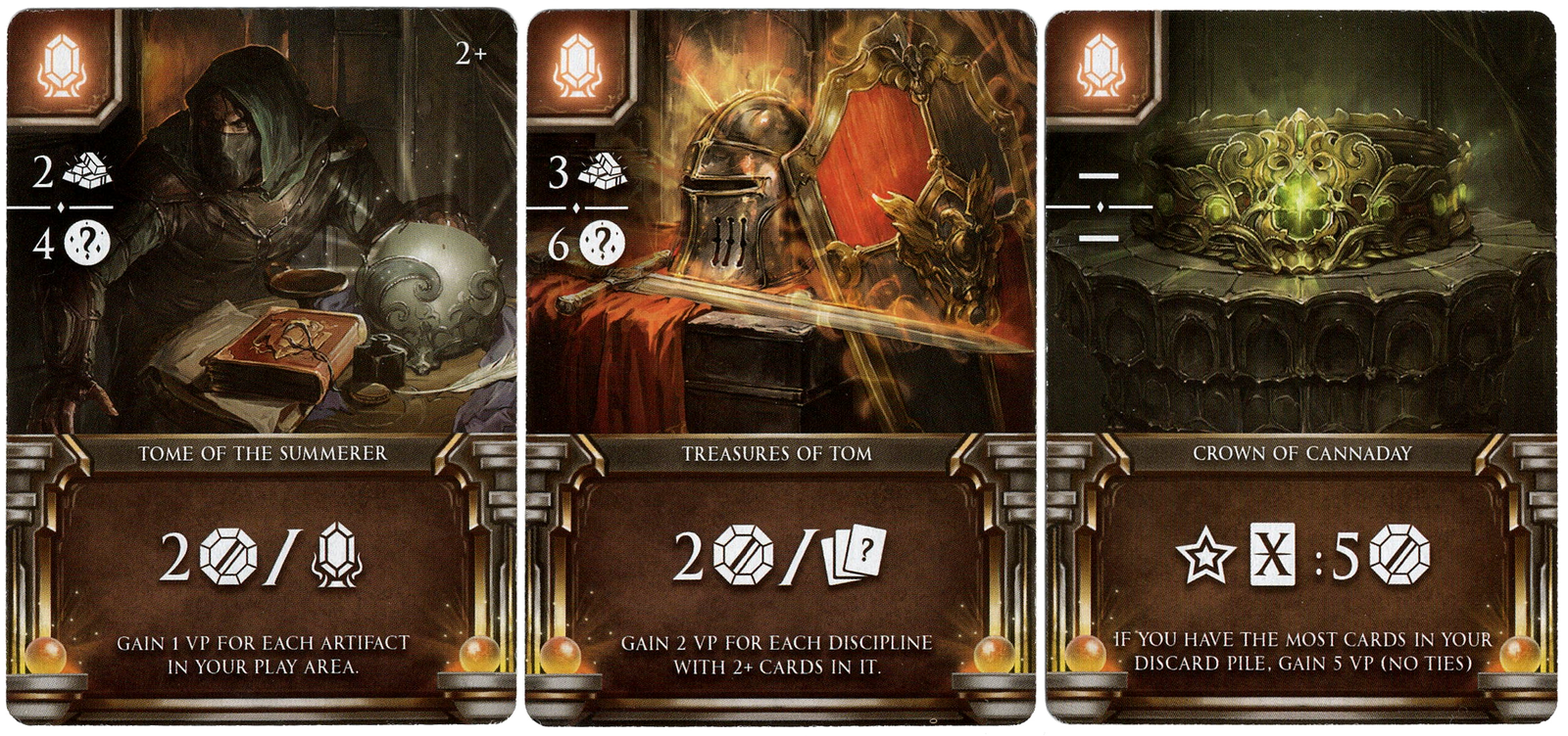 A set of three cards for use with the board game Arcana Rising. Each card displays symbols in the left upper corner, and a combination of symbols and text at the bottom. The first card's illustration shows armor and a sword on a red cloth, the second card shows a masked person gathering a book and other valuables, and the third card showing a crown with a glowing green gem.
