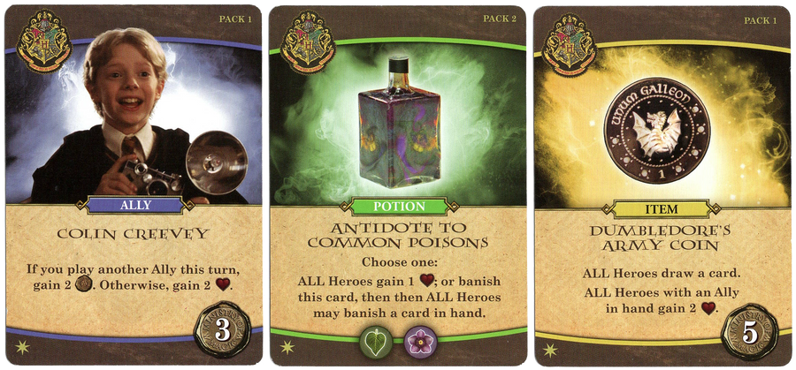 Three promo cards for use with the board game Hogwarts Battle. Each card features an illustration at the top, the card's title in the middle, and text describing the card's ability in the game at the bottom.