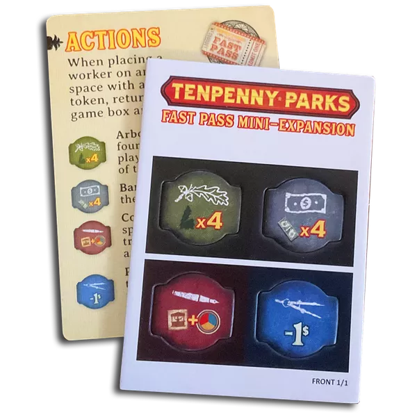 A photo of the Fast Pass Mini-Expansion for the board game Tenpenny Parks. This promo features a small cardboard sheet with four punch-out shapes and a card with text descriptions of the expansion's effect in the game.