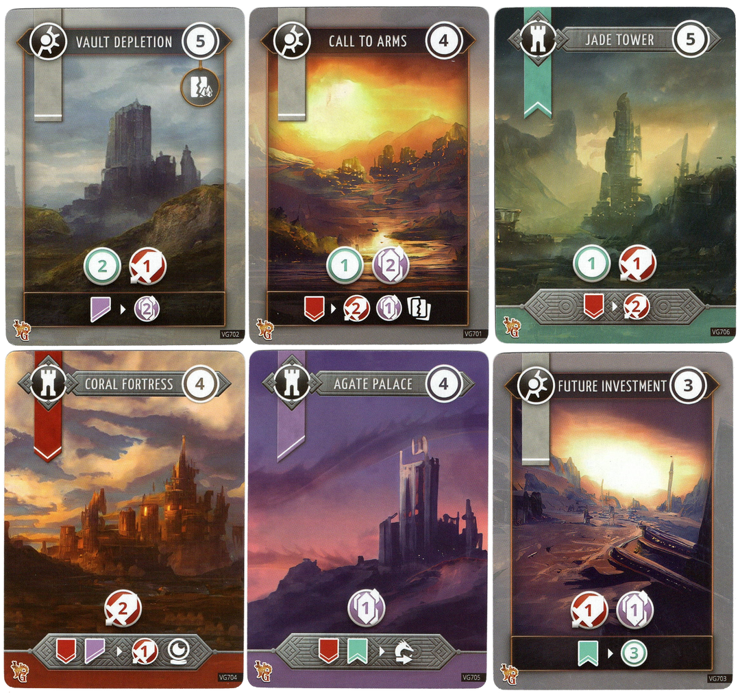 A set of six cards for use with the board game Volfyirion Guilds, featuring the card's title at the top, six unique illustrations of landscapes and/or buildings in the center, and symbols that describe the card's ability in the game at the bottom.