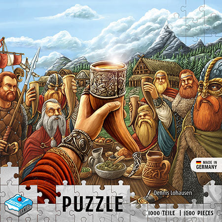 Cover image of a jigsaw puzzle featuring vikings at a feast.