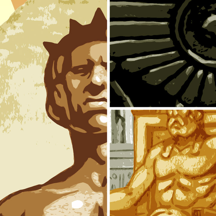 Three close-up examples of a unique image for the board game 7 Wonders, sold as part of BoardGameGeek's Artist Series prints. These three close-ups shows the face of a statue, a carving on a building, and the torso of a seated, golden sculpture. 