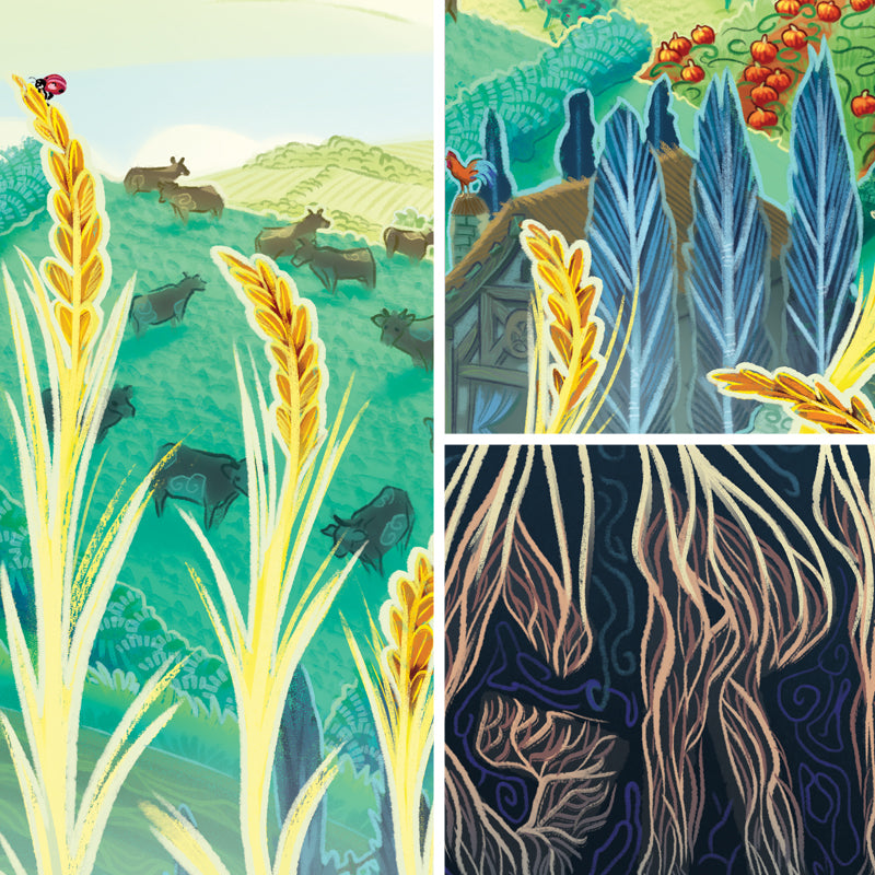 Three close-up images that are part of the unique image for the board game Agricola, sold as part of BoardGameGeek's Artist Series prints. These three close-ups display wheat with animals on hill, a barn with trees, and roots forming the shapes of letters.