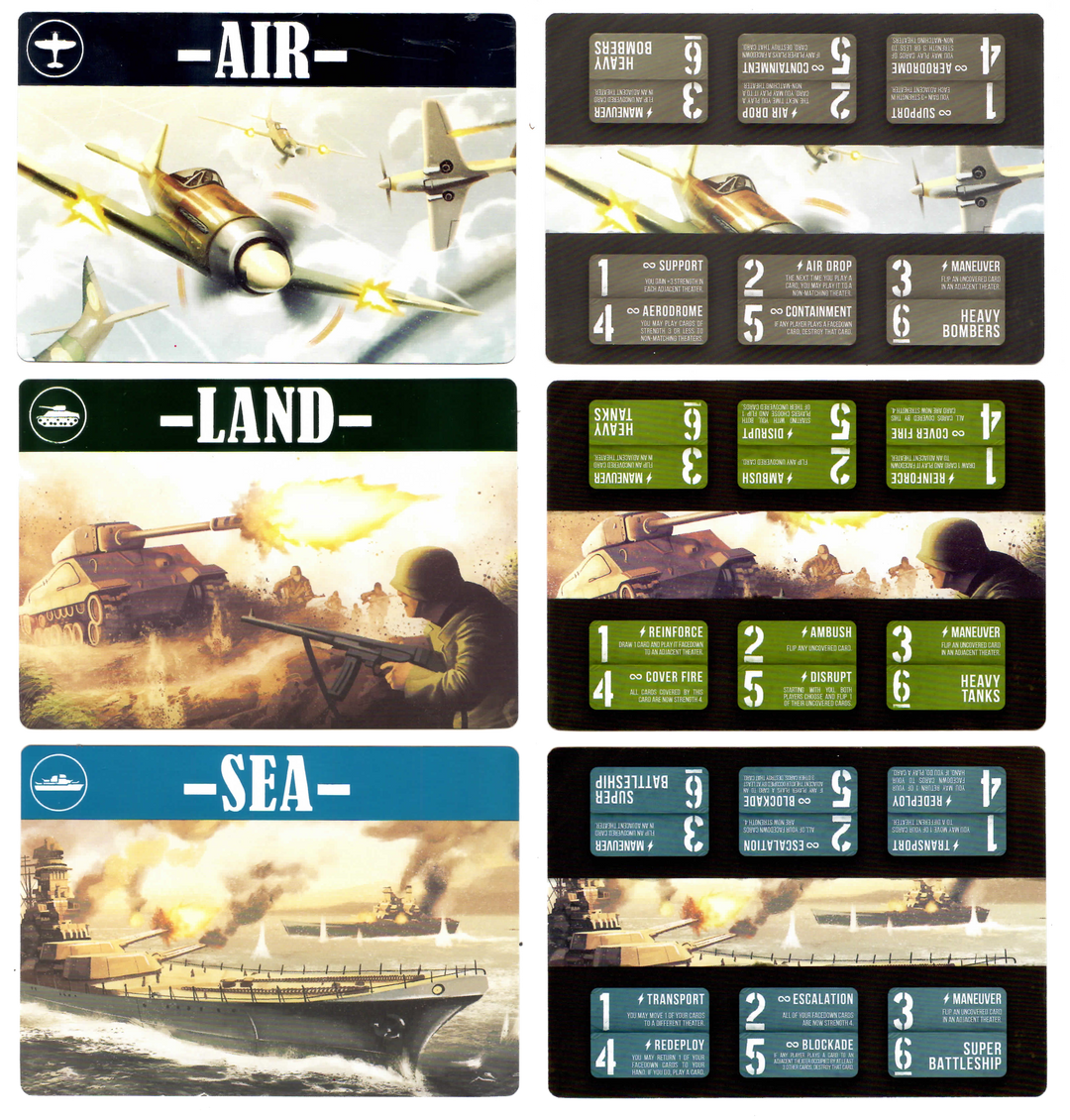 A compilation image of the three foil cards in this promo for the board game Air, Land, & Sea, depicting an airplane on the "Air" card, a tank on the "Land" card, and a battleship on the "Sea" card, next to the image of the three card backs with descriptions of the cards' effects in the game.