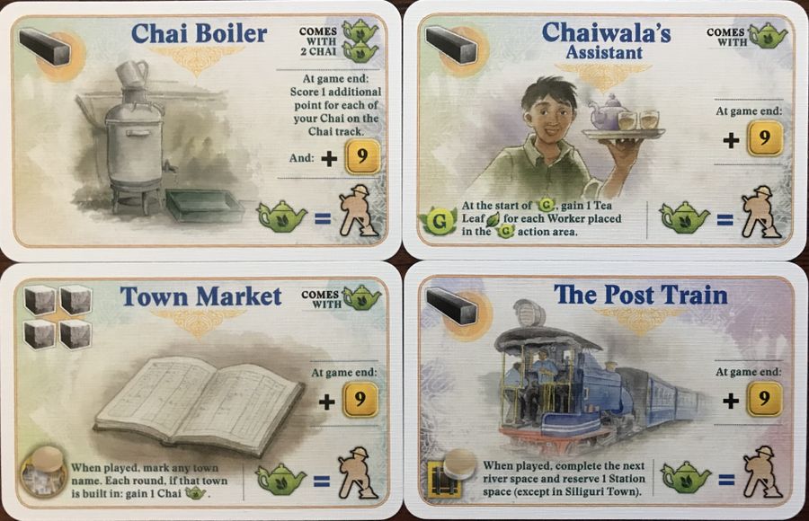 A composite image of four promo cards for use with the board game Alubari, depicting a boiler, a boy holding a tray with a teapot and two cups, a ledger, and a steam train. Each card has text describing its effects in the game.