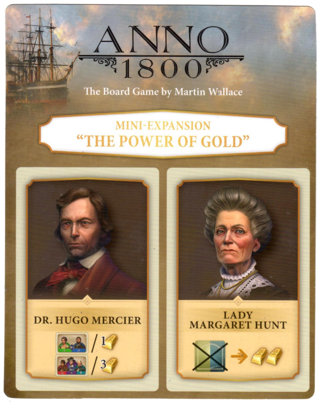 The Power of Gold promo for use with the board game Anno 1800, featuring the names of the game and promo at the top and two portraits, one of a clean-shaven caucasian man and an older woman.