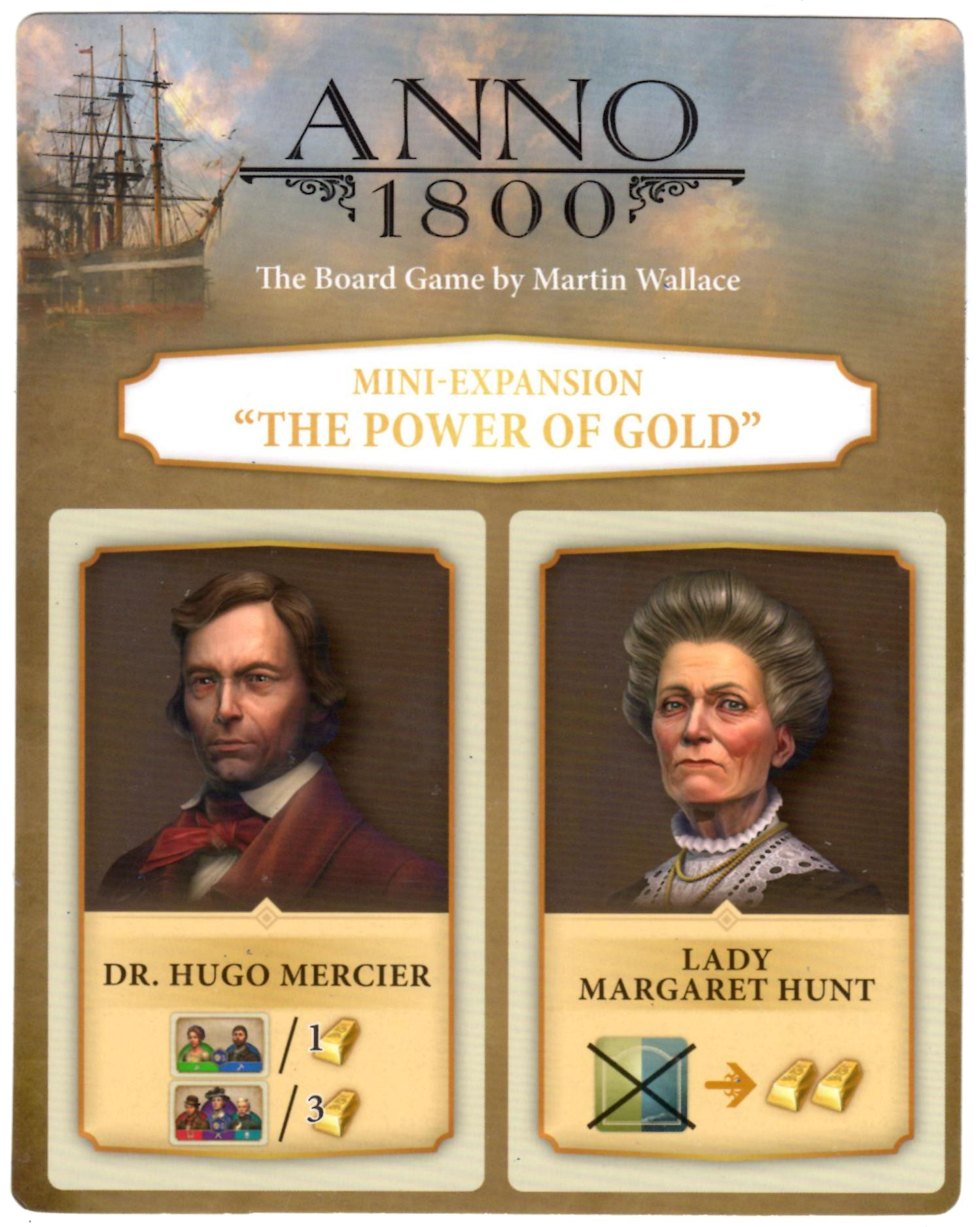 The Power of Gold promo for use with the board game Anno 1800, featuring the names of the game and promo at the top and two portraits, one of a clean-shaven caucasian man and an older woman.