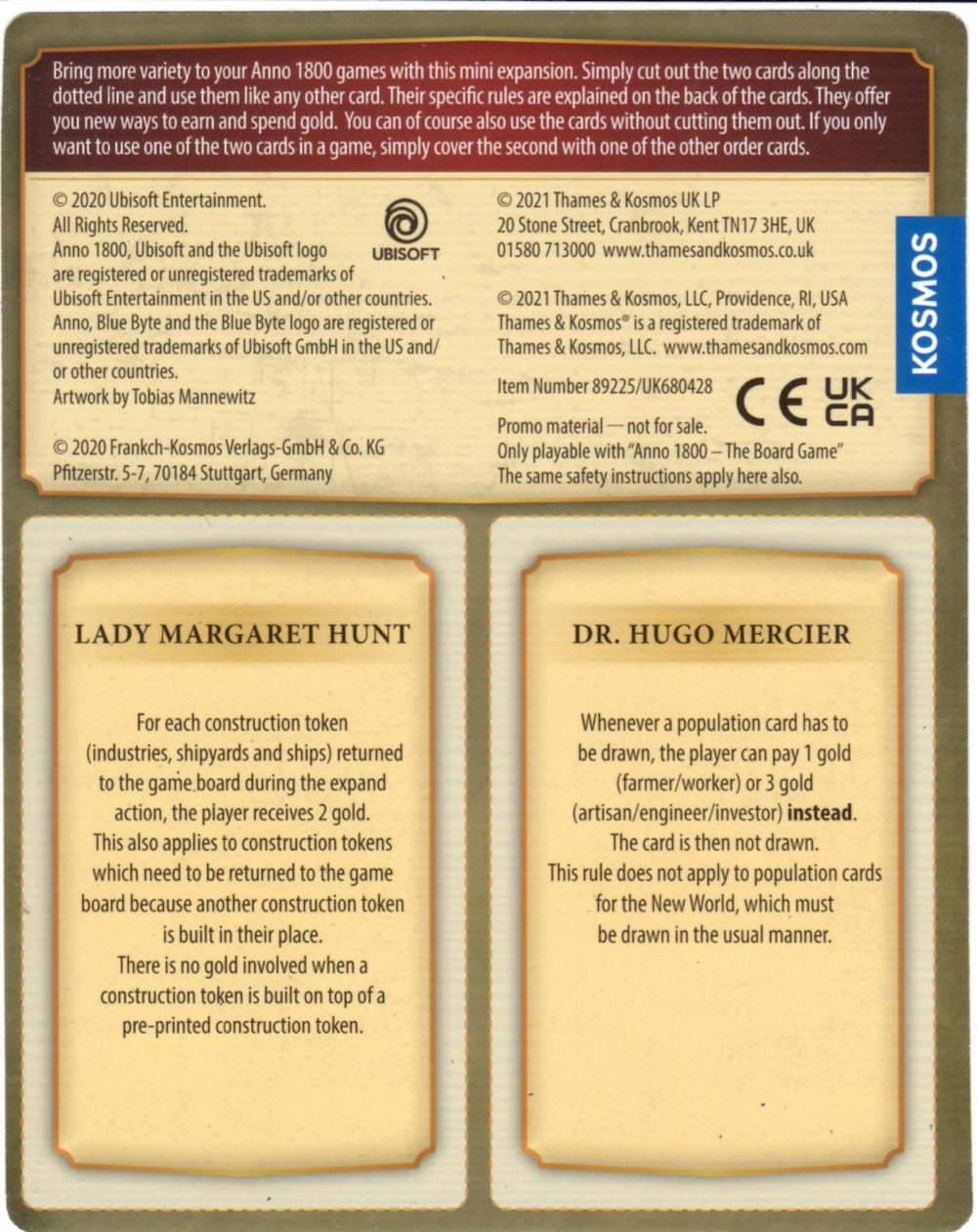 The back side of the promo The Power of Gold for use with the board game Anno 1800, with text describing the instruction for the promo and describing the two characters pictured on the front.