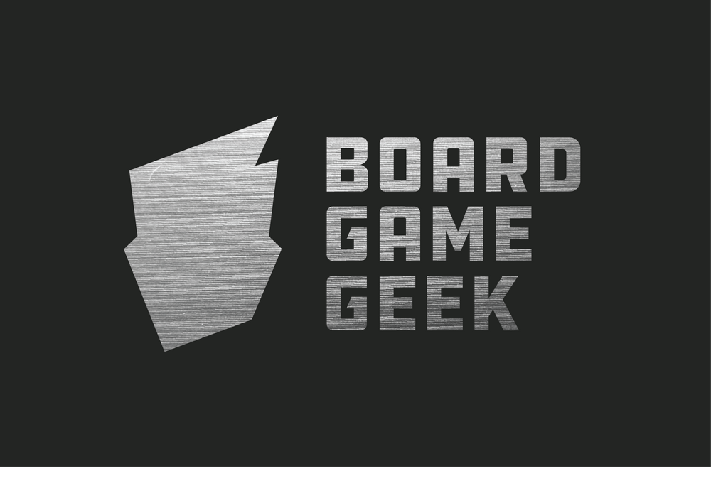 A close up of the water bottle's center design, displaying a silver logo and the words "BoardGameGeek" on a black background.
