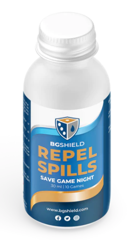 A metal bottle with a screw top, labelled with the words "BGSHield" and "Repel Spills: Save Game Night" printed on the side.