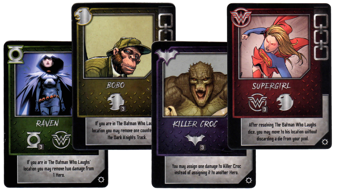 A composite image of the 4-card character pack for use with the board game "The Batman Who Laughs Rising". Each card has a character image at the top and both a symbol and text description of the cards' effect in the game at the bottom.