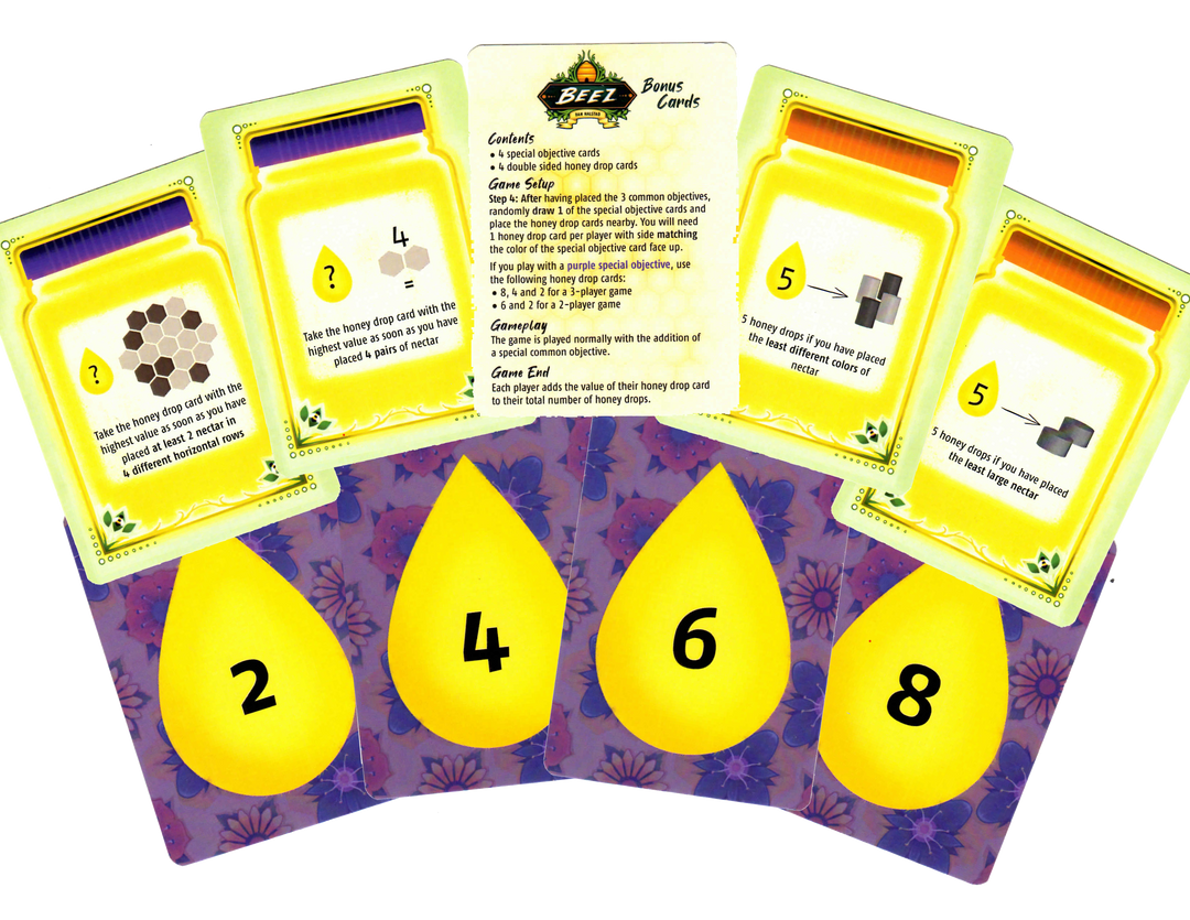 The nine bonus cards for use with the board game Beez. Four card display a jar with a text and symbols in the middle, four cards display a drop of honey with a number in the middle on a purple background, and the final card has the promo's name and description of its contents.