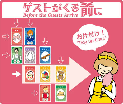 An example image of a child character from the board game Before The Guest Arrive, and a sample layout of ten cards from the game. The child has a speech bubble that says "Tidy up time!" in both Japanese and English.
