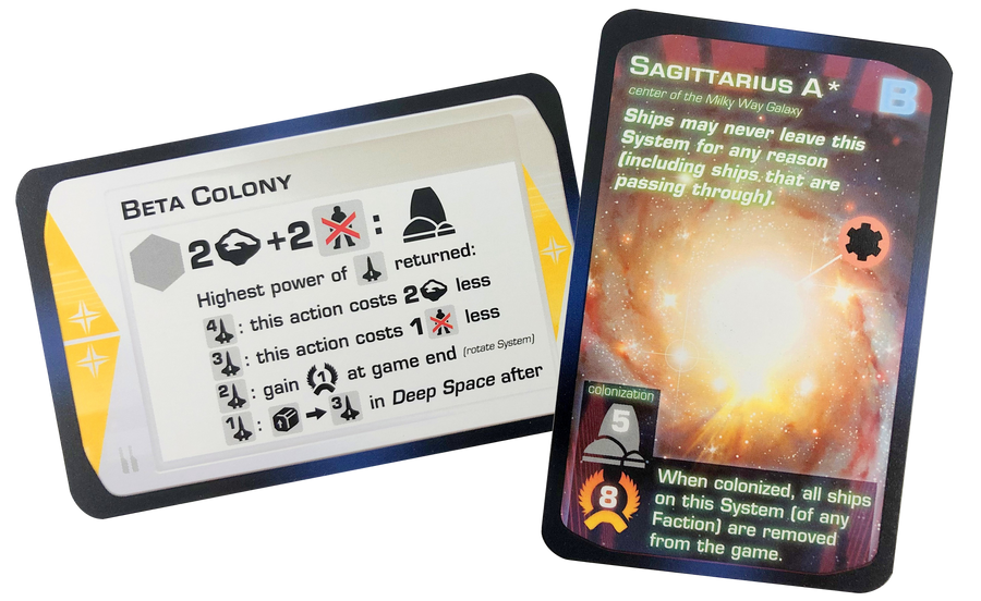 Image of the front side of two promo cards for use with the board game Beyond the Sun. One card is labeled "Beta Colony" and has text and symbols that describe its effect in the game. The second card is labeled "Sagittarius A", has a picture of a nebula, and a combination of text and symbols that describe the card's effect in the game.