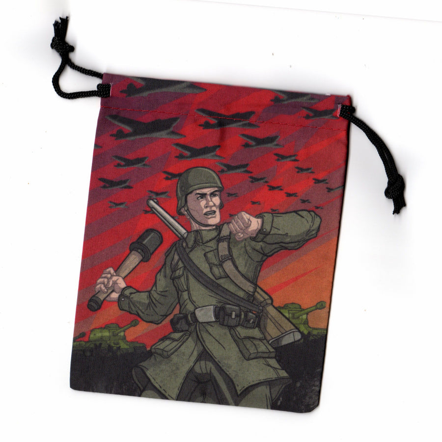 A photo of a cloth, drawstring bag with a black drawstring. The image on the bag is an WWII soldier about to throw a stick grenade, with a stylized pattern of planes above him in a red sky.