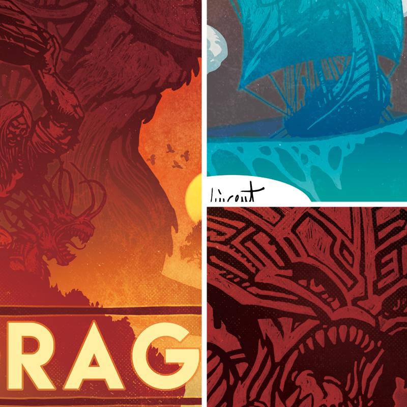 Three close-up images that are part of a unique image for the board game Blood Rage, sold as part of BoardGameGeek's Artist Series prints. The three close-ups show a figure in red against a red sky, a blue boat on blue water, and an alien's face barring its teeth. 