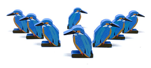 Eight identical, painted, wooden tokens of a kingfisher, for use with the board game Wingspan.