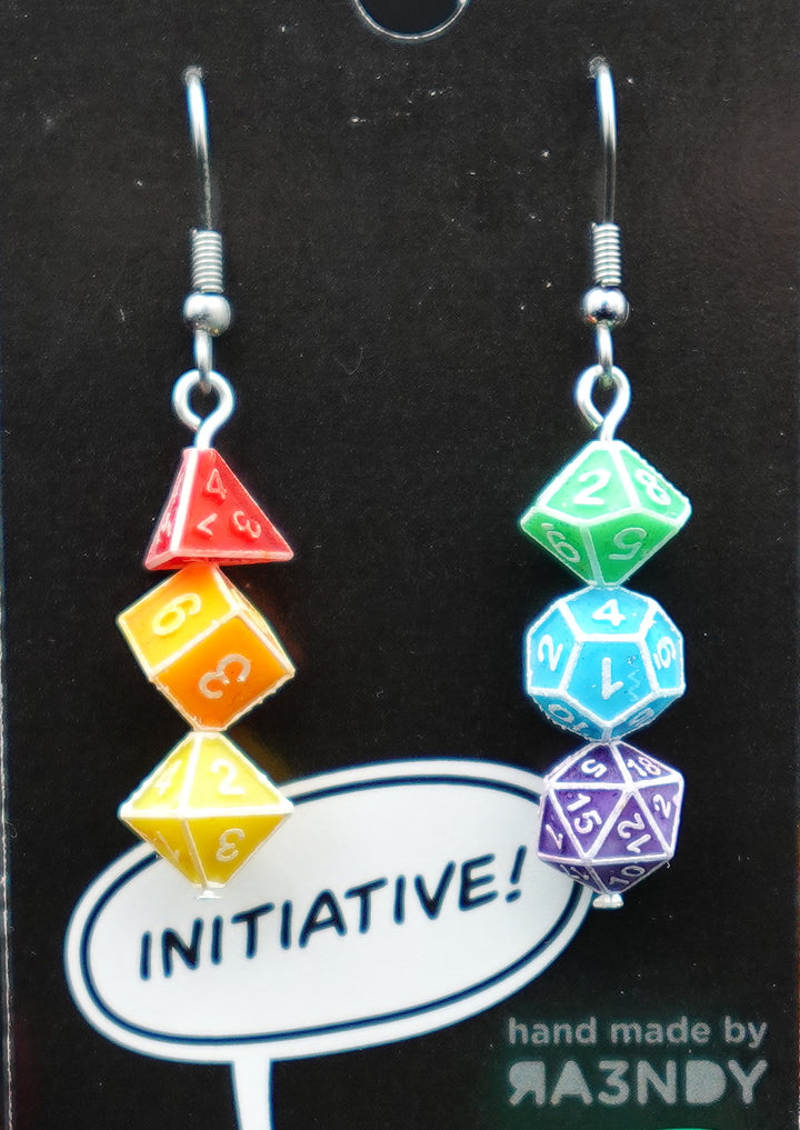 Ra3ndy - Rainbow Dangly Dice Earrings for use with the board game , sold at the BoardGameGeek Store