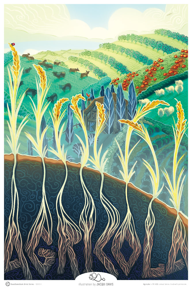 A unique image for the board game Agricola, sold as part of BoardGameGeek's Artist Series prints. This image shows a cartoon landscape of rolling hills and farmland, stalks of wheat, and the roots of that wheat forming the letters that spell "Agricola".