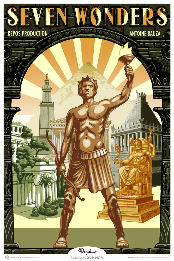 A unique image for the board game 7 Wonders, sold as part of BoardGameGeek's Artist Series prints. This image displays a golden statue holding a bow in one hand and a torch in the other. Behind this statue are other monuments, such as a pyramid, temple, and tower.