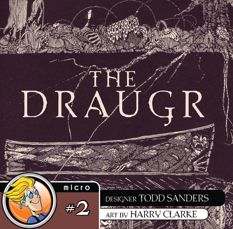 The front cover of the board game The Draugr, with a monochromatic illustration of a corpse in a coffin buried underground. 