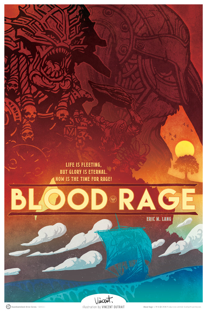A unique image for the board game Blood Rage, sold as part of BoardGameGeek's Artist Series prints. The image shows the faces of two, immense aliens in a red sky, above a body of water with a blue sail boat. 