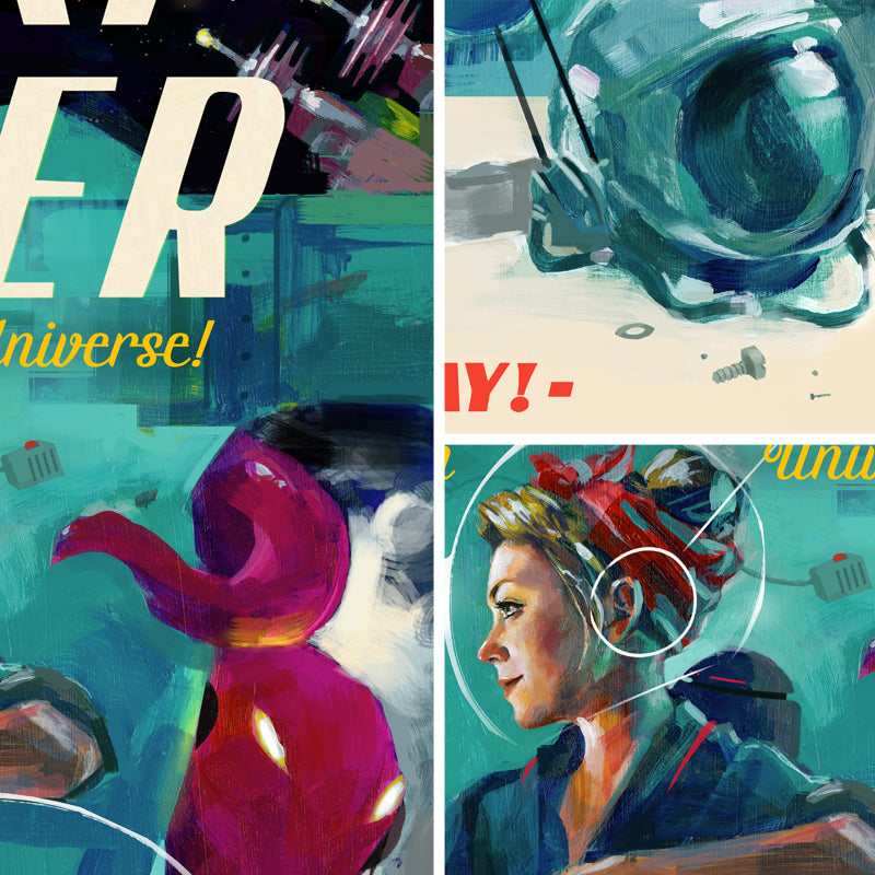 Three close-up examples from a unique image for the board game Galaxy Trucker, sold as part of BoardGameGeek's Artist Series prints. These three close-ups shows a purple alien tentacle, a space helmet, and a woman's face in profile. 