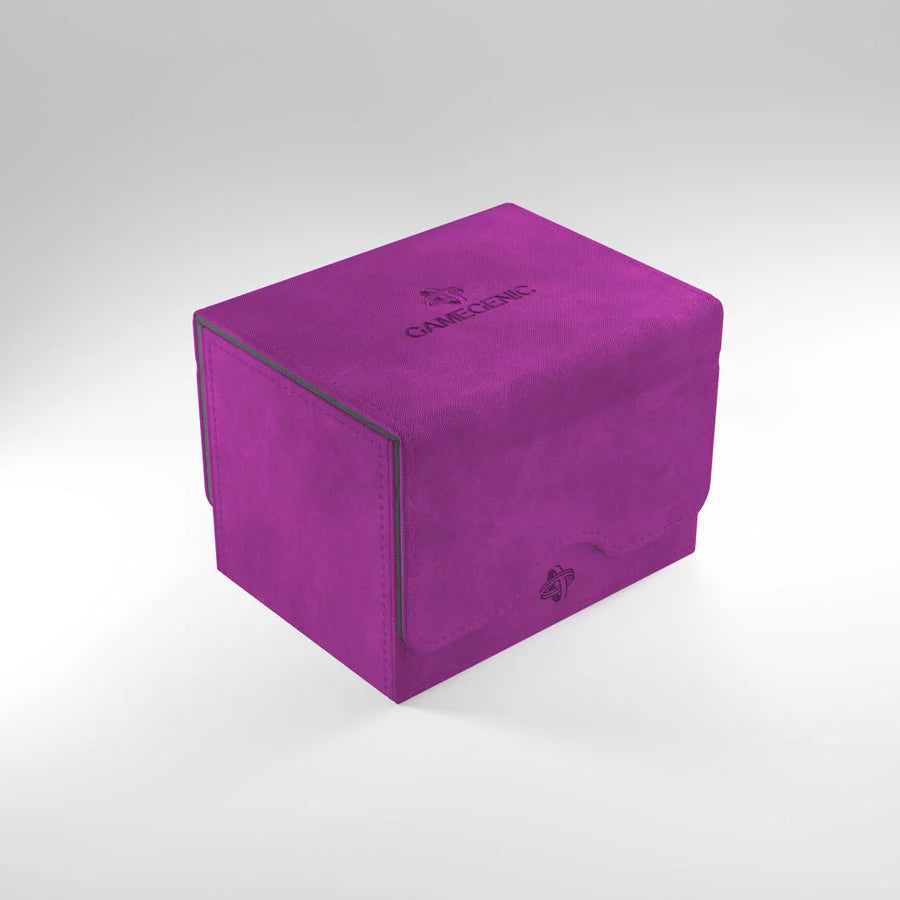 A photo of the Gamegenic Sidekick XL card storage box in purple with the magnetic lid snapped on.