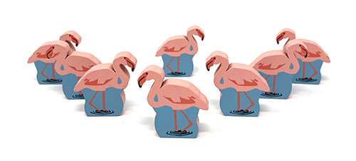 Eight identical, painted, wooden tokens of a flamingo, for use with the board game Wingspan.