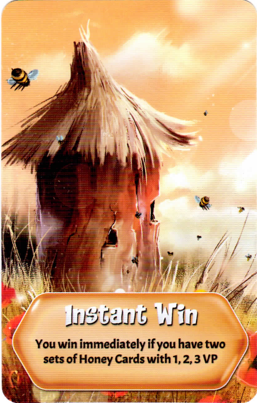 One side of the Instant Win promo card for use with the board game Bees: The Secret Kingdom, depicting a bee hive with a thatched roof against a yellow sky with the card title and effect at the bottom.