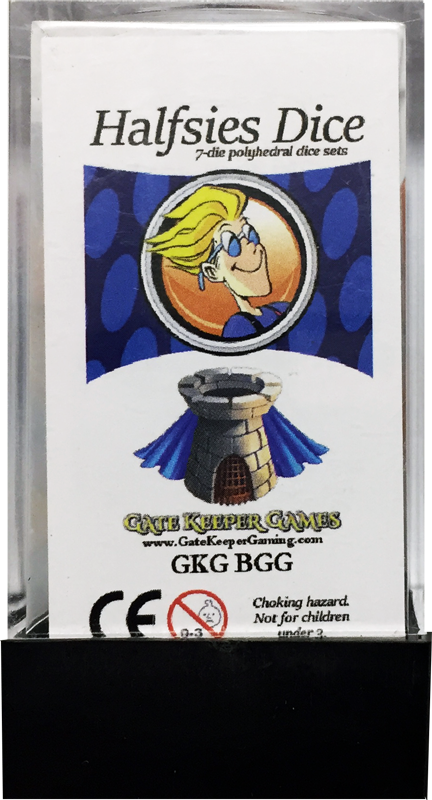 The front of the plastic container for BGG Halfsies Polyhedral 7-Die Set, showing the old logo for the website BoardGameGeek, and the logo for Gate Keeper Games. 