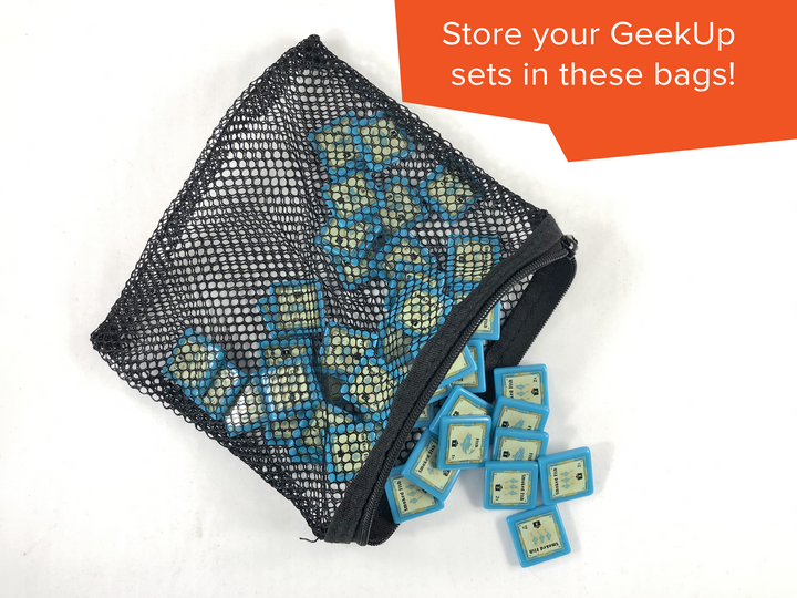 GeekUp Mesh Zipper Bag for use with the board game REORDER, sold at the BoardGameGeek Store