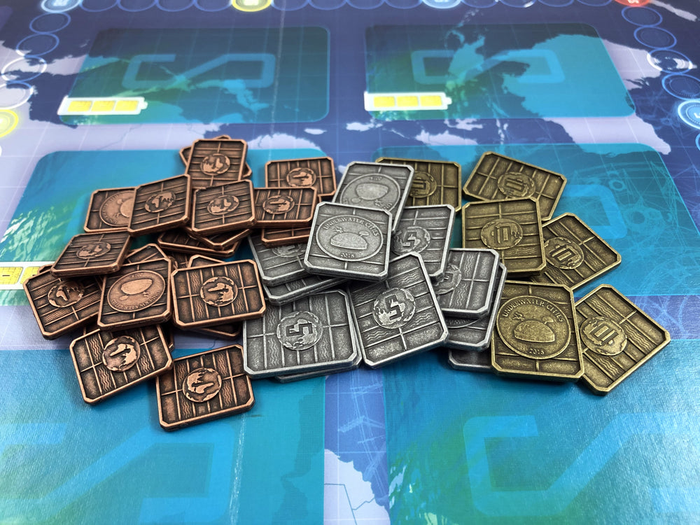 GeekUp Bit Set: Underwater Cities Metal Credit Chips for use with the board game REORDER, Underwater Cities, sold at the BoardGameGeek Store