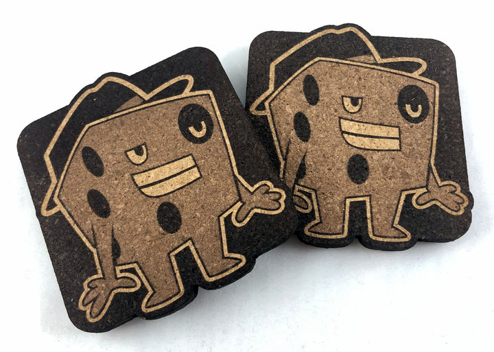 The Dice Tower - set of 2 cork, Dice Tom coasters for use with the board game The Dice Tower, sold at the BoardGameGeek Store