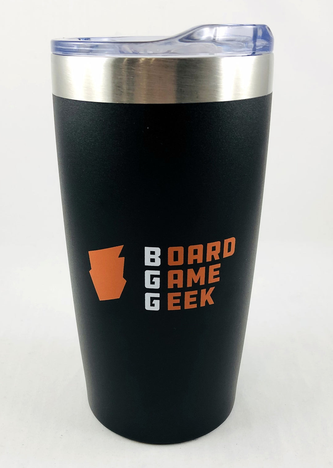 A black and silver travel mug, with a clear, push top above the silver rim. The mug is decorated with an orange logo and the words "BoardGameGeek".