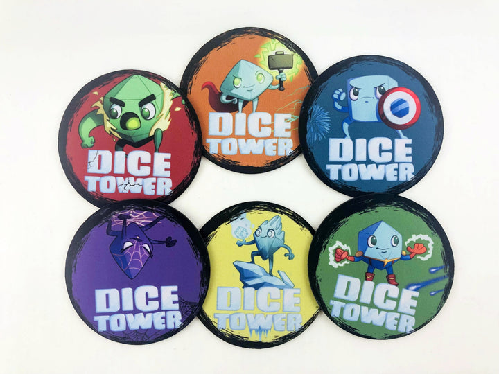 The Dice Tower - Set of 6 Superhedron Coasters for use with the board game The Dice Tower, sold at the BoardGameGeek Store
