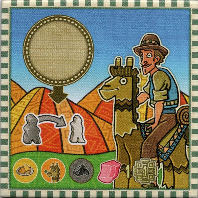 An image of the Rider Role tile for use with the board game Altiplano, featuring a man in a hat and vest riding a llama, and symbols that depict the tile's abilities in the game.
