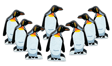 Eight identical, painted, wooden tokens of a king penguin, for use with the board game Wingspan.