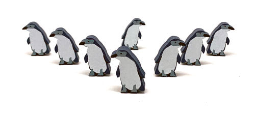 Eight identical, painted, wooden tokens of a blue penguin, for use with the board game Wingspan.