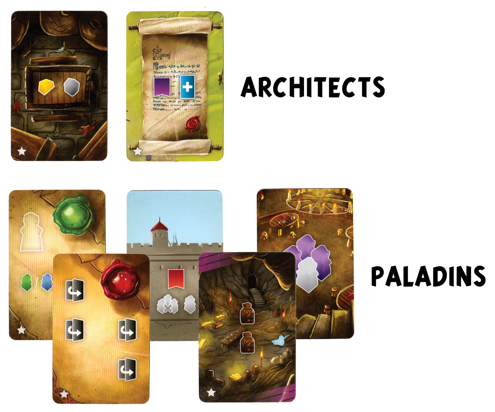 A composite image of two cards for use with the game Architects of the West Kingdom and five cards for use with the board game Paladins of the West Kingdom. Each card depicts imagery from their respective game: seals, scrolls, castle walls, castle rooms, and caves.