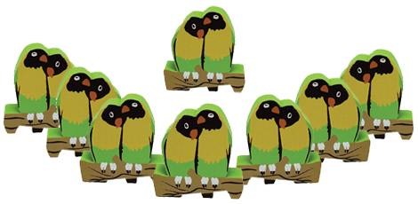 Eight identical, painted, wooden tokens of a pair of lovebirds, for use with the board game Wingspan.